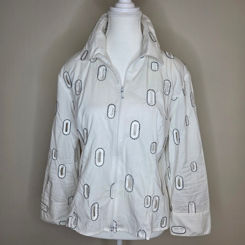 Samuel Dong Womens White Black Cutout Eyelet Zip Up Jacket Size L Cotton Blend